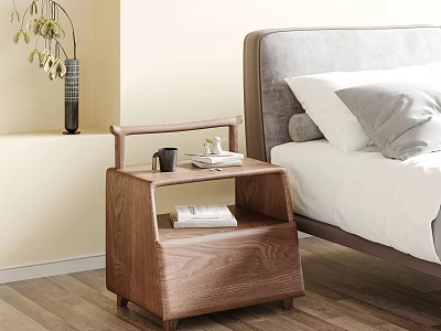 Modern Wooden Nightstand with Cup Books and Open Shelf Next to Bed in Bedroom Interior 3d model