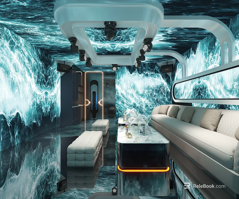 Elegant Modern KTV Interior Design With Comfortable Sofas Lighting And Bar Counter 3d model