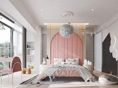 Cozy Kids Room Interior With Pink Upholstered Headboard Chandelier Decorative Wall Rug Chair And Bookshelf 3d model
