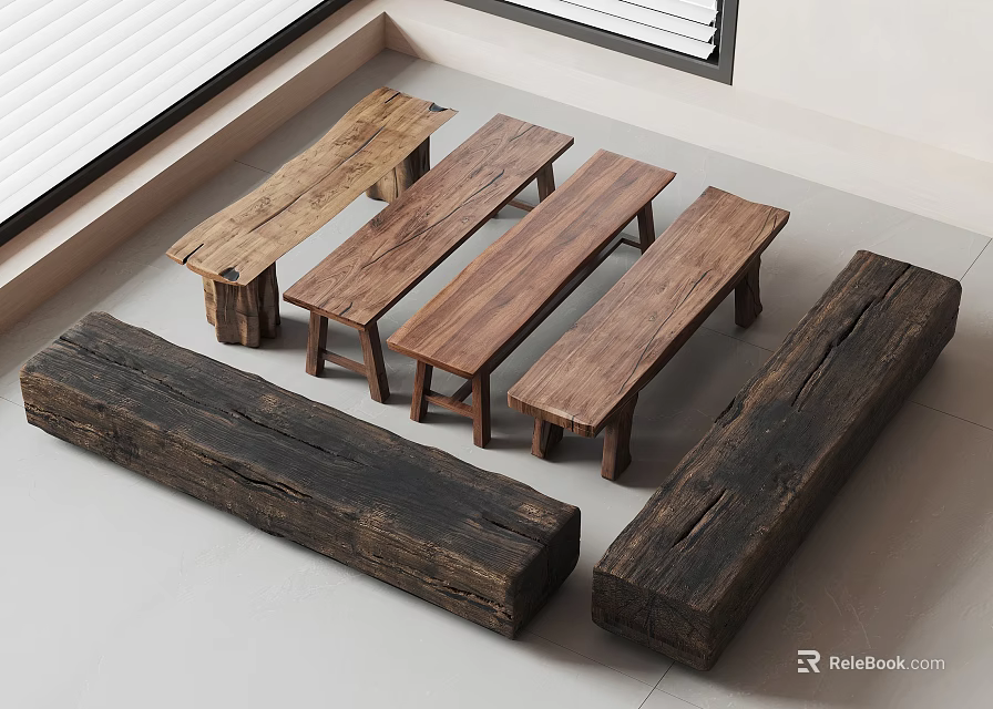 Five Rustic Wooden Benches With Natural Wood Grain For Indoor Home Decor 3d model 