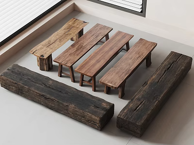 Five Rustic Wooden Benches With Natural Wood Grain For Indoor Home Decor 3d model