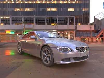 Silver BMW Sports Car Parked On Urban Street With Tall Buildings And Evening Lights 3d model