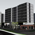 Modern Commercial Street With High Rise Buildings Greenery Outdoor Seating And People