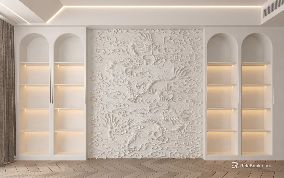 Embossed Dragon Pattern White Background Wall with Arched Bookshelves and Lighting in Traditional Interior 3d model 