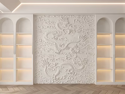 Embossed Dragon Pattern White Background Wall with Arched Bookshelves and Lighting in Traditional Interior 3d model
