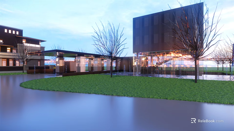 Modern Commercial Complex With Glass Curtain Walls Lawn Trees And Evening Lighting Open Public Space 3d model 