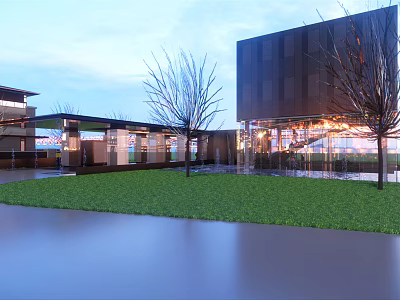 Modern Commercial Complex With Glass Curtain Walls Lawn Trees And Evening Lighting Open Public Space 3d model