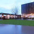 Modern Commercial Complex With Glass Curtain Walls Lawn Trees And Evening Lighting Open Public Space