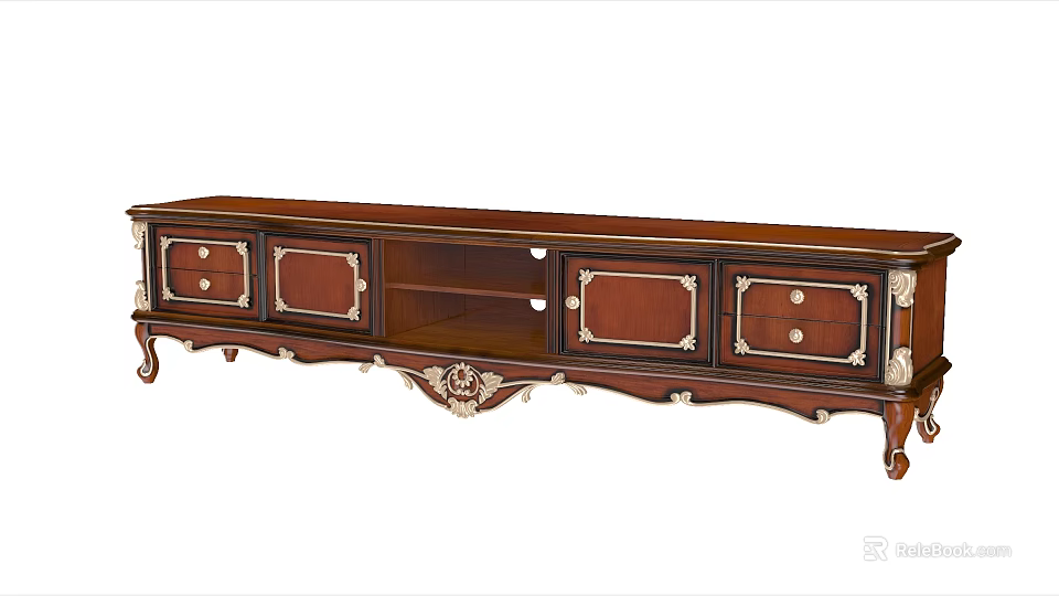Classical Brown Wooden TV Stand With Carved Drawers And Decorative Legs 3d model 