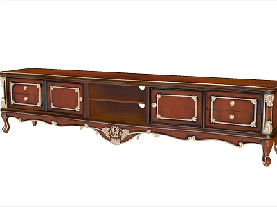 Classical Brown Wooden TV Stand With Carved Drawers And Decorative Legs 3d model