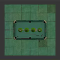 Billiard Table With Green Felt Surface Cue Stick Balls And Hanging Lights Sports Equipment