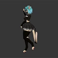 Game Movie Character With Blue Hair Cat Ears White Tail And Black Outfit Waving Pose