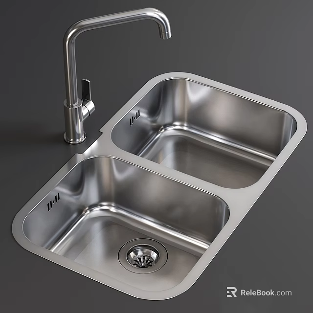 Modern Stainless Steel Double Bowl Kitchen Sink with Faucet and Drainage in Home Kitchen 3d model 