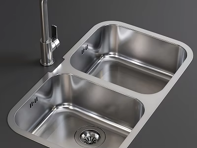 Modern Stainless Steel Double Bowl Kitchen Sink with Faucet and Drainage in Home Kitchen 3d model