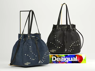 Stylish Desigual Bucket Bags Denim And Leather With Studs Fashion 3d model