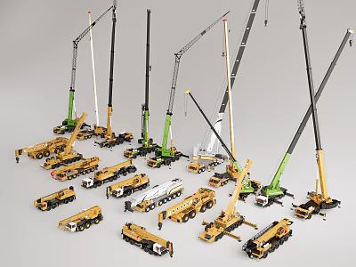Various Industrial Equipment Types Including Cranes and Construction Vehicles 3d model