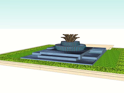 Multi Tiered Stone Fountain With Floral Top And Green Lawn Surroundings 3d model
