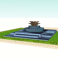 Multi Tiered Stone Fountain With Floral Top And Green Lawn Surroundings