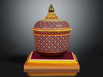 Decorative Container With Intricate Colorful Geometric Patterns And Gold Accents On Red Yellow Base 3d model