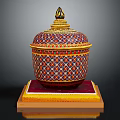 Decorative Container With Intricate Colorful Geometric Patterns And Gold Accents On Red Yellow Base
