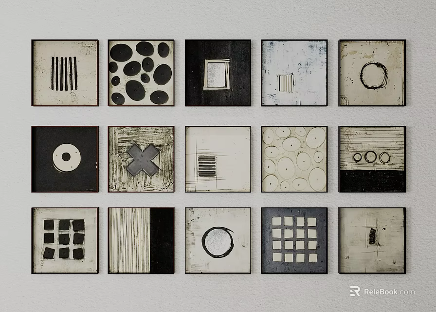 Abstract Geometric Wall Art Decor With Square Frames And Black White Patterns 3d model