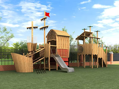 Garden Landscape With Wooden Pirate Ship Playground Slide Climbing Net And Red Flag 3d model