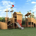 Garden Landscape With Wooden Pirate Ship Playground Slide Climbing Net And Red Flag