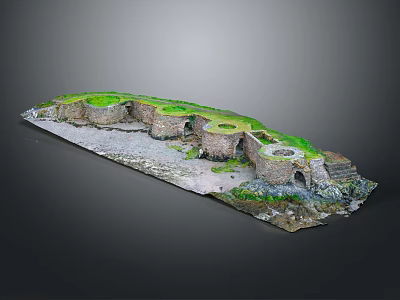 Stone Structure Model With Circular Piers Green Vegetation Covered Top And Gravel Ground 3d model