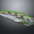 Stone Structure Model With Circular Piers Green Vegetation Covered Top And Gravel Ground