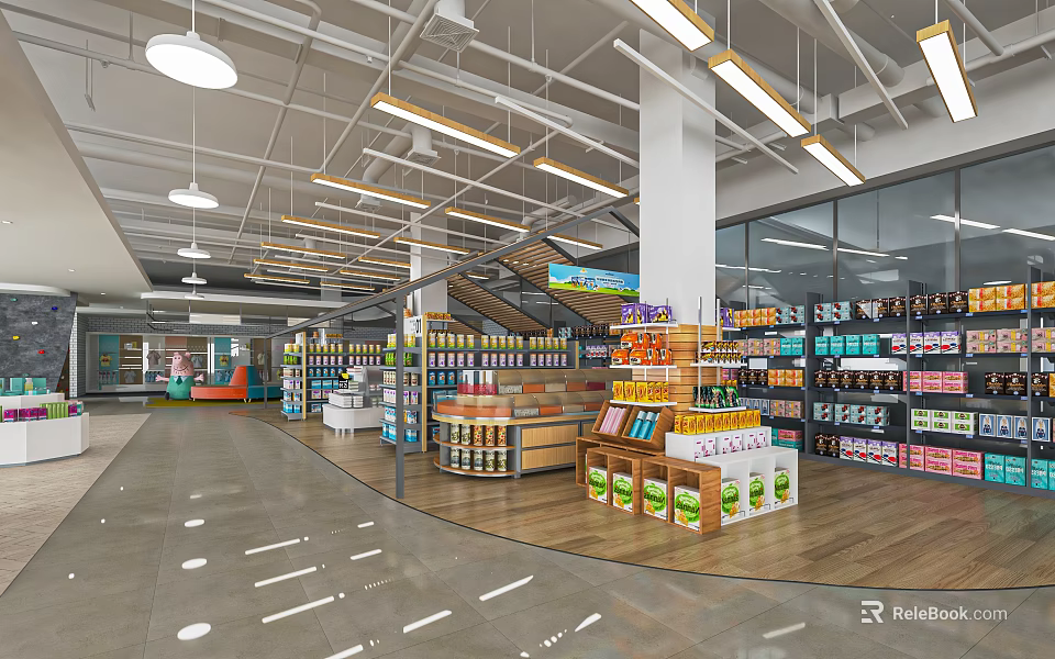 Spacious Supermarket Department Store Interior With Shelves Of Diverse Products And Bright Lighting 3d model 