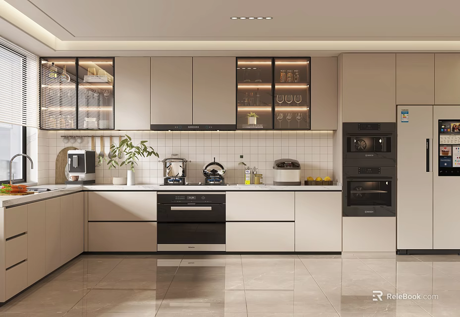 Modern Kitchen Interior Design With White Cabinets Glass Door Appliances And Countertop 3d model 