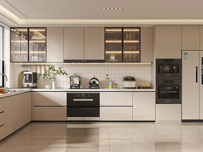 Modern Kitchen Interior Design With White Cabinets Glass Door Appliances And Countertop 3d model