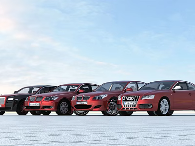Red Cars In A Row With Different Models Parked Under Blue Sky Background 3d model