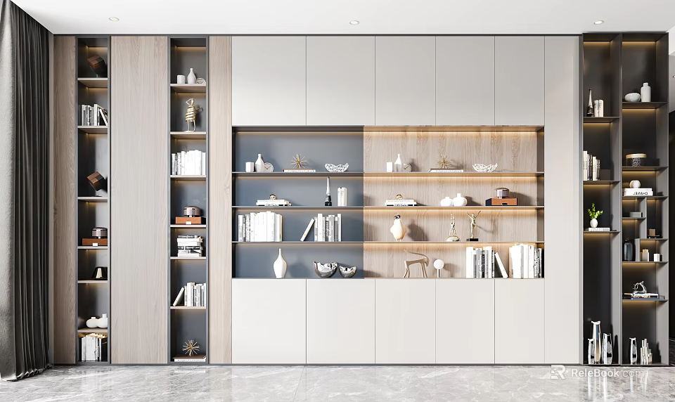 Modern White And Wooden Bookcase With Multiple Shelves Books And Decorative Items 3d model 