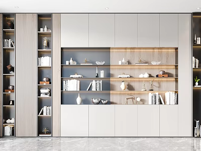 Modern White And Wooden Bookcase With Multiple Shelves Books And Decorative Items 3d model