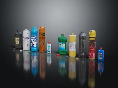 Assorted Household Product Bottles In Various Colors And Sizes For Daily Use 3d model