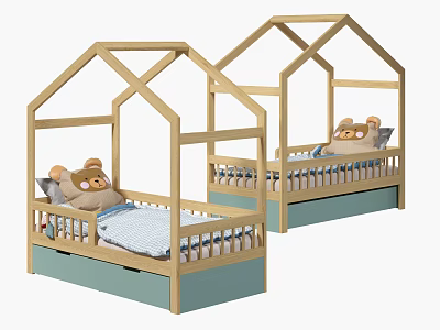 House Shaped Kids Bed With Wooden Frame Blue Base And Stuffed Bear 3d model