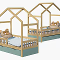 House Shaped Kids Bed With Wooden Frame Blue Base And Stuffed Bear
