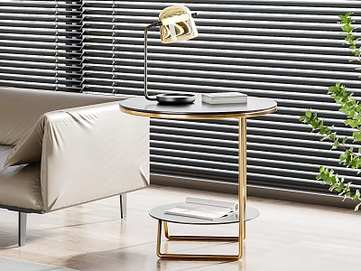 Modern Round Side Table With Gold Metal Legs Gold Table Lamp Transparent Glass Shelf And Beige Sofa 3d model