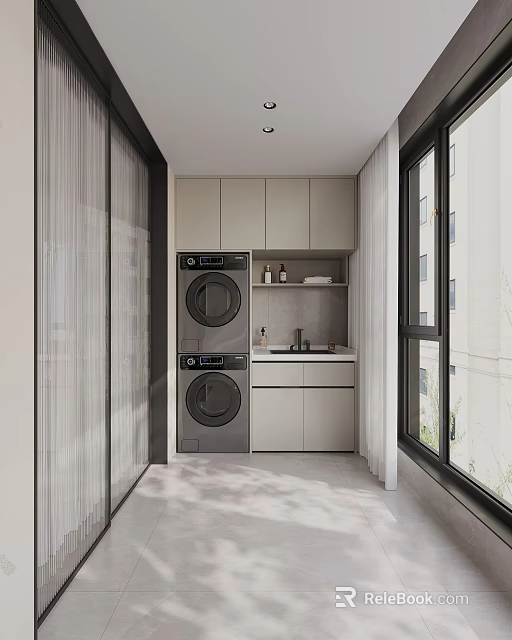 Modern Home Balcony Laundry Space With Washer Dryer Cabinet Sink And Window 3d model 