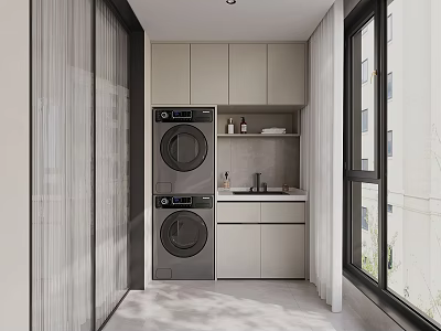 Modern Home Balcony Laundry Space With Washer Dryer Cabinet Sink And Window 3d model