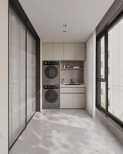 Modern Home Balcony Laundry Space With Washer Dryer Cabinet Sink And Window 3d model