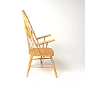 Classic Wooden Single Chair Featuring Curved Backrest Vertical Slat Details And Armrests