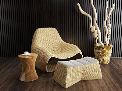 Woven Leisure Chair With Ottoman Wooden Side Table On Dark Striped Wall And Wood Floor 3d model