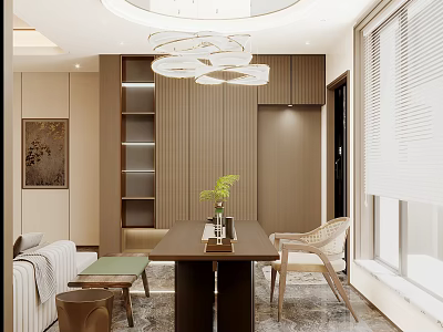 Modern Cozy Integrated Living And Dining Room With Premium Wood Finishes And Elegant Soft Lighting 3d model