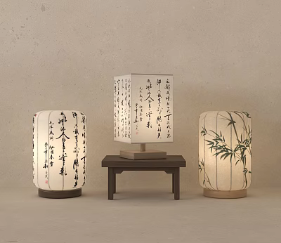 Three Decorative Lanterns With Chinese Calligraphy Characters And Bamboo Pattern On Small Wooden Table 3d model