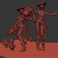 Game Movie Female Characters In Cowboy Style With Animal Doll Chick Dolls On Green Grass