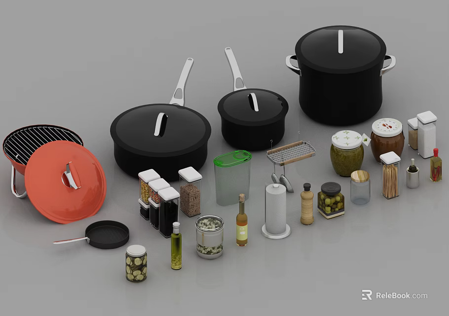 Essential Kitchen Cookware Collection With Pots Lids Spice Jars And Frying Tools 3d model
