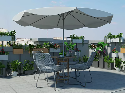 Roof Terrace Garden Landscape With White Umbrella Table Chairs And Colorful Potted Plants 3d model