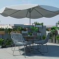 Roof Terrace Garden Landscape With White Umbrella Table Chairs And Colorful Potted Plants